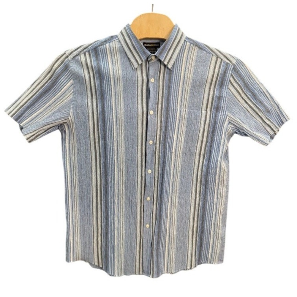 Atlas For Men Blue Striped Seersucker Short Sleeve Button Down Shirt Mens Large